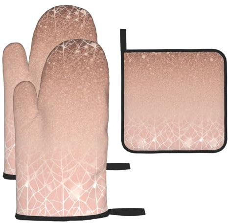 3PCS Oven Mitts and Pot Holders Heat Resistant Kitchen Oven Gloves and Hot Pads Blush Rose Gold Oven Mitt Set Non-Slip Cooking Gloves Potholders for Cooking Baking BBQ