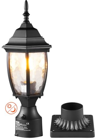 VEVOR 1 PCS Farolas Exteriores de Anochecer al Amanecer, 400 mm, Resistentes al Agua con Base de Montaje en Pilar de 9 cm, Pantalla de Vidrio Farola Exterior a Prueba de Rayos para Patio, Jardín