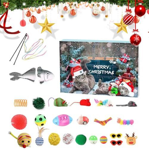 Katzen-Adventskalender 2024, 24 Tage, Katzenspielzeug, Countdown-Kalender, Weihnachtsspielzeug, 24 Stück Katzenfeder-Teaser und Kugelglocken, Weihnachts-Countdown-Geschenke für Katzenliebhaber (A)
