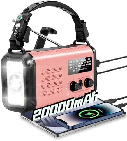 Wind Up Solar Radio, 20000mAh Emergency Hand Crank Weather Radio AM/FM | Survival radio with AM/FM, Battery Powered Radio with Cell Phone Charger, Flashlight & SOS for Emergencies/Home (Pink))