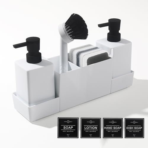 Distributeur Liquide Vaisselle, Ensemble Distributeur Savon Cuisineavec Eponge et Brosse, Organisateur Evier Cuisine Pratique (Blanc, 4 in 1)