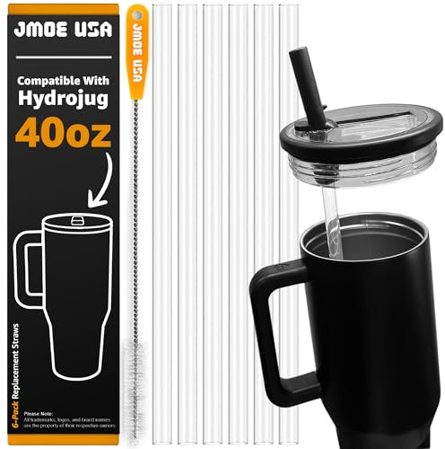 Jmoe USA 40oz Straws For Hydrojug Traveler Tumbler | Replacement Plastic Straws for Hydro Jug 40 oz | 6-Pack Includes Cleaning Brush | Food Grade & BPA Free | Clear (40oz)