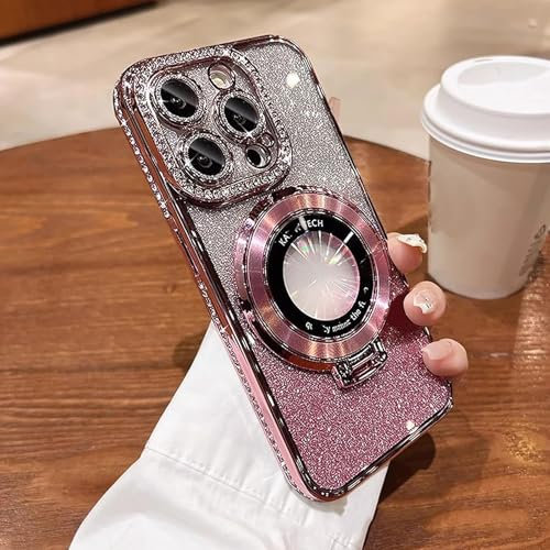 Transmitg Glitter Rhinestones Magnetic for iPhone Case with Invisible Stand for iPhone 12 13 14 15 Pro Max, Transmitg Glitter Rhinestones Gradient with Lens Protection Phone Case (12,Pink)