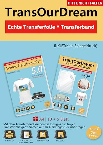 TransOurDream (10 Blatt 5.0 Hell Transferfolie +5 Blatt Transferband Inkjet Transferpapier für Hellle T-Shirts zum Aufbügeln,Textilien Aufbügelpapier,Bügelfolie，Transfer Paper