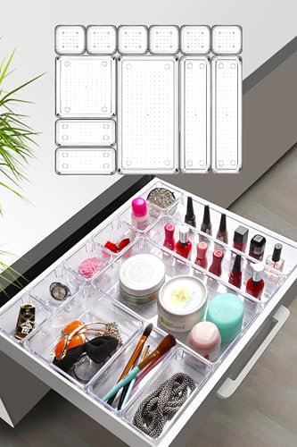 My Happy Home 12 Pcs Clear Plastic Drawer Organiser Trays Utensil Cutlery Set Divider, Makeup, Kitchen Utensils, Gadgets, Large Size Office Desk Organizers