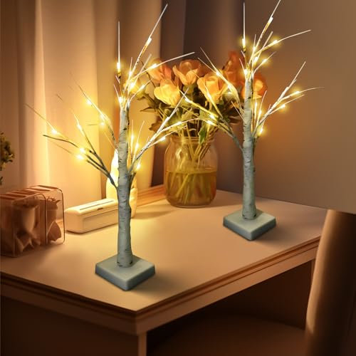 2er Birke Lichterbaum Innen mit 24 Warmweißer LEDs Licht, 60cm LED Baum Lichter Birken Dekozweige Batteriebetrieben Weihnachtsdeko für Zuhause Party Geburtstag Hochzeit Innendekoration
