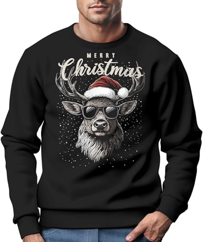 MoonWorks® Sweatshirt Herren Weihnachtspullover Rentier Hirsch mit Weihnachtsmütze Schriftzug Merry Christmas Xmas