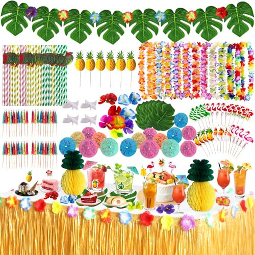 145Stück Hawaii Party Dekoration Set, Hawaii Luau Tischröcke, Hawaiianische Partydekorationen, Kranz, Die Blumen, Künstliche Palmenblätter, Kuchengabeln und Strohhalme Dekorieren, Gut für Grillpartys