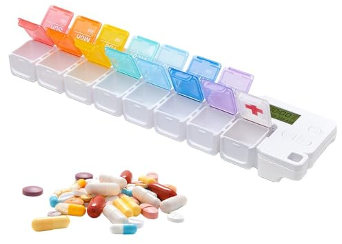 Dtaigou Tägliche Erinnerung an die Pillendose, Pillenspender mit Alarm | Elektronischer Erinnerungsbox-Pillenspender | Täglicher Medikamentenspender mit 14 Fächern für ältere Menschen, Senioren,