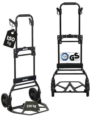 PROREGAL klappbare Aluminium Sackkarre Elephant | Traglast 150kg | 6 kg leicht | große Schaufel, Leichtlauf-Vollgummiräder | ergonomische, höhenverstellbare Griffe | Schwarz | Transportkarre
