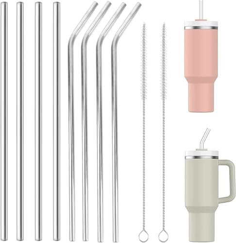 Ceeyoll Pailles en Acier Inoxydable,8 Pièces Pailles Métalliques Réutilisables,Paille Reutilisable für Stanley Cup 30/40oz,avec 2 Brosses de Nettoyage, Thé, Café Glacé, Lait Glac, Milkshakes.