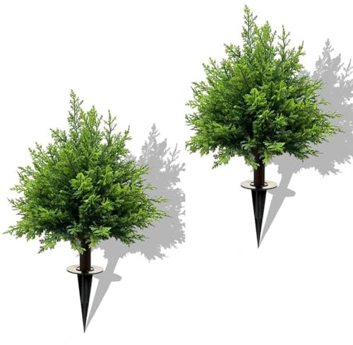 Künstliche Zypressen-Formschnittbäume, 61 cm, 2 Stück, realistische künstliche Buchsbaumsträucher mit Kunststoff-Erdspießen, Outdoor-Gartendekoration für Terrasse, Hof, Veranda, pflegeleichtes