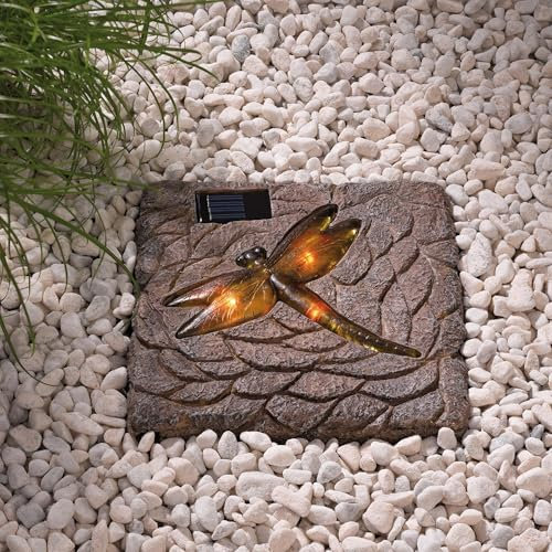 hellum LED Solarleuchte für außen, Libelle im Stein, 4 gelbe LED, 24 x 24 cm, Solar Stein mit Resin Libelle, solarbetriebene Dekoration für draußen, Gartenbeleuchtung 153002