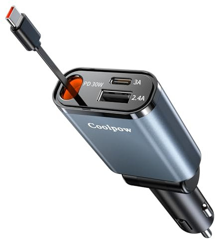 3 EN 1Retráctil Cargador Coche Carga Rápida【2025 Ultra-Compacto】 Cargador Mechero Coche USB C Car Charger Adaptador Móvil Coche con Cables Retráctiles y Puerto USB-C/USB-A para iPhone Samsung iPad