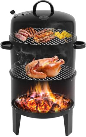 KANBCNG Doppelschicht Multifunktionalen Räuchergrill 3-in-1-Räuchergrill Geräuchert/Geschmort/Gegrillt mit Thermometer Einstellbare Dämpfer Abnehmbare Holzkohlegrill-Smoker Große Kapazität Räucherofen