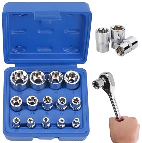 PRITOK Jeu de 14 douilles Torx extérieures 1/4, 3/8 et 1/2 E4, E5, E6, E7, E8, E10, E11, E12, E14, E16, E18, E20, E22, E24 avec boîte de rangement (noir)