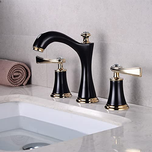HNVBDOPAE Grifo de Lavabo Negro, Grifo de Baño de Cubierta, Instalación, Orificio, 3 Manijas Dobles,Re Cromado, Grifo Deua Caliente Y Fría/Blanco/Negro