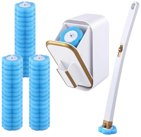 Disposable Toilet Brush with 48 Refills, Disposable Toilet Cleaning System, Wall-mounted Holder Cleaner Set with Storage Caddy, for Toilet Bowl Cleaners,Bathroom Cleaning,Sink,Floor (Blue, white)