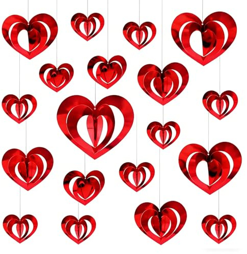 Valentine's Day Decorations - 16Pcs Red 3D Hearts Hanging String Garland Streamer, Heart Hanging Decorations for Valentines Day Anniversary Decoration Wedding Decoration - Metallic Love Hearts Swirl