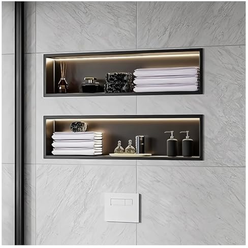 1 Stück Duschablage Aus Edelstahl, Wasserdichte Einbau-Wandnische, Wandnische Ohne Fliesenverkleidung Mit LED-Beleuchtung, Horizontale Nische Für Badezimmeraufbewahrung(Schwarz,620x320x125mm)