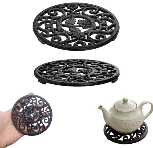 Xygobla 2 Pack Cast Iron Trivet Round 11.7cm | Heat Resistant Pot Stand Vintage Floral Pattern Non-Slip Metal Coaster Feet Hot Pots Pans Teapot Kitchen Protector