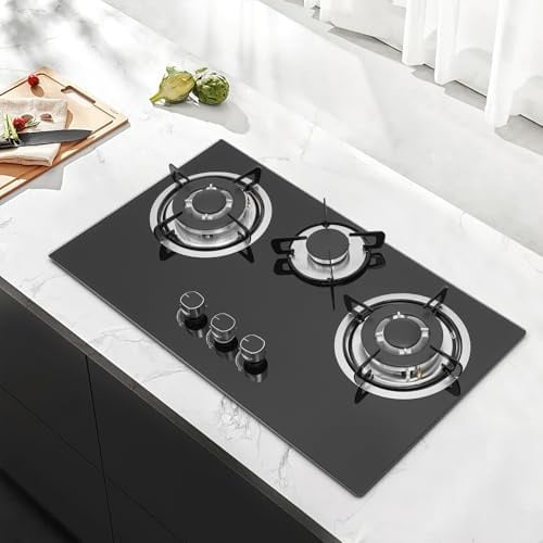 Fornello a gas in vetro da incasso, piano cottura a gas a 3 fuochi Gas Stove, fornello a gas per piani cottura LPG/NG, incluso supporto per pentole, telaio smaltato e testa del forno in alluminio