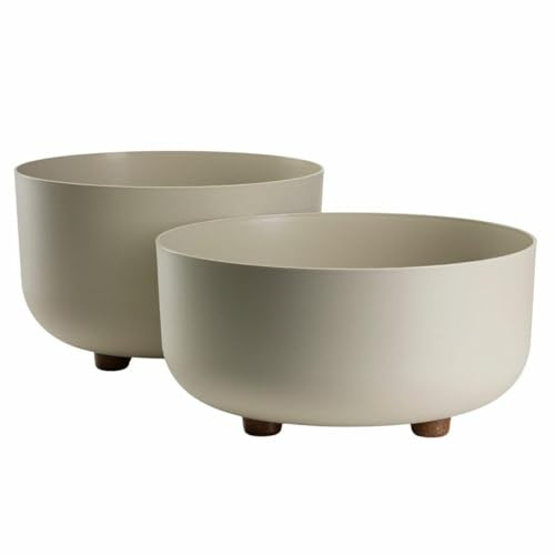 HowHomely Blumentopf Set 2-teilig Blumenkübel auf Füßen beige Pflanzschale Pflanzgefäß Übertopf rund niedrig modern für Innenräume und Terrasse