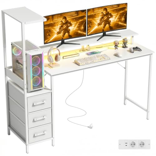 HOMCOM Scrivania Gaming con Supporto CPU Reversibile LED 147x47cm Bianco | Postazione Gaming, Regolabile, Stazione di Ricarica, Supporto per Monitor, 3 Cassetti in Tessuto, Casa Ufficio Studio