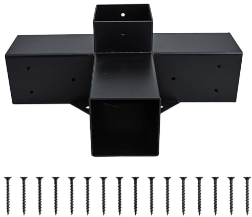 VIRELLO Kit di staffe per pergola in lega di acciaio, connettori angolari a 4 vie resistenti per legname da 10 x 10 cm, telaio per gazebo da giardino con viti, nero