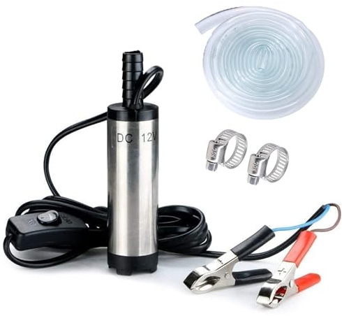12V DC Tauchpumpe, 38mm Elektrische Wasserpumpe für Wasser, Öl, Diesel & Kraftstoff, Zigarettenanzünder-Stecker, Abnehmbarer Filter, 3m Transparenter PVC-Schlauch mit Schlauchklemmen （ 12V Clip）