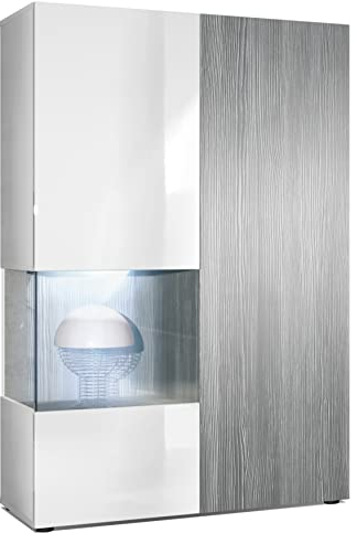 Vladon Vitrine Kommode Hochschrank Morena, Made in Germany, Korpus in Weiß matt/Rechte Tür und der Einsatz in Avola Anthrazit, inkl. LED Beleuchtung