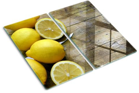Glasschneidebrett 2x30x52 cm für die Küche Plastikfrei 2 Stück Glasplatte Hitzebeständig Rutschfest Silikonfüße Lebensmittelecht Dekorativ Antibakteriell Gehärtetes Glas - Zitronen auf Holz