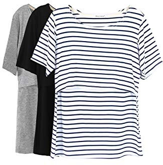 Smallshow Women's Nursing Tops Short Sleeve Layered Design Breastfeeding Shirts,Black-Grey-White Stripe,M