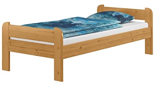 Einzelbett 90x200 Kiefer Echtholz in Eicheton gebeizt mit wählbarem Zubehör V-60.39-09E, Ausstattung:ohne Zubehör