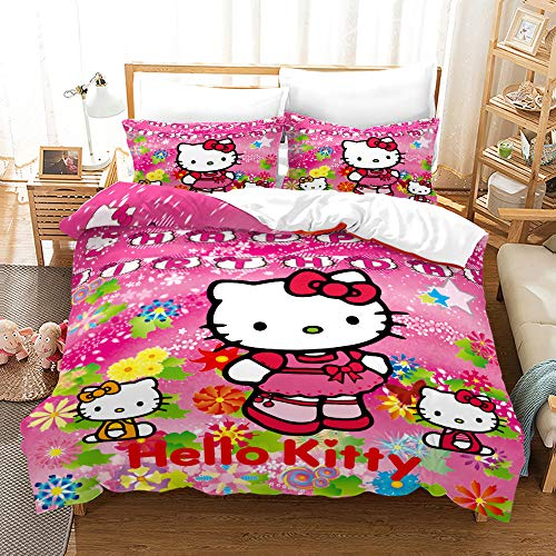 NICHIYOBI Hello Kitty Bettbezug Bettwäsche Set - Bettbezug und Kissenbezug,Mikrofaser,3D Digital Print dreiteiliger Bettwäsche (8,140x210cm)