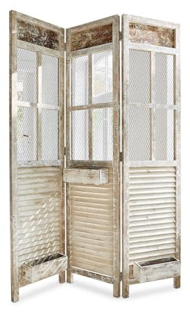 Loberon Paravent Cerveris, Kiefernholz, Eisendraht, H/B/T ca. 180/129/13 cm, antikweiß