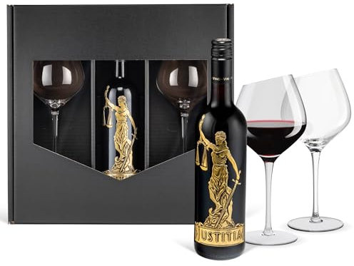 Rotwein Geschenkset: Justitia Merlot trocken Italien (0,75 l) mit 2 Wertmann-living Rotweingläsern