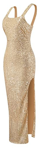 Vuncio Abendkleid Damen Glitzerkleid Eng mit Gehschlitz Halfter Schulterfrei Cocktailkleider Elegant Festliche Kleider Pailletten Kleider Konfirmation Lang Ballkleider Maxikleider (Gold, L)