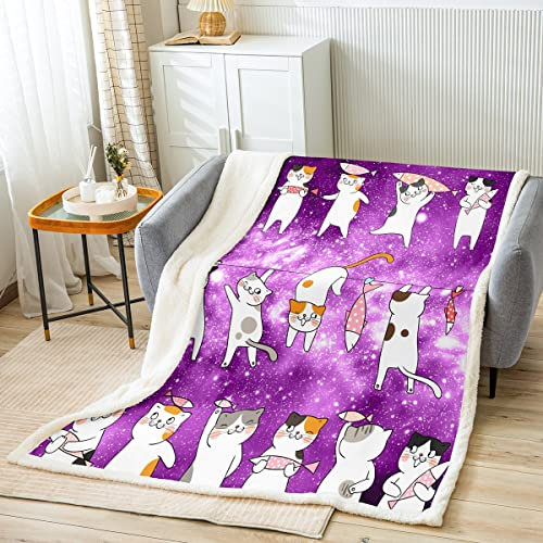 Sunnybed Galaxis Cat Decke Lila Nebel Glitzer Sherpa Decke 150x200 Kawaii Animal Print Fleece Decke Für Kinder Mädchen Schlafzimmer Himmel Sternenhimmel Flanell Decke Für Bett Sofa Couch
