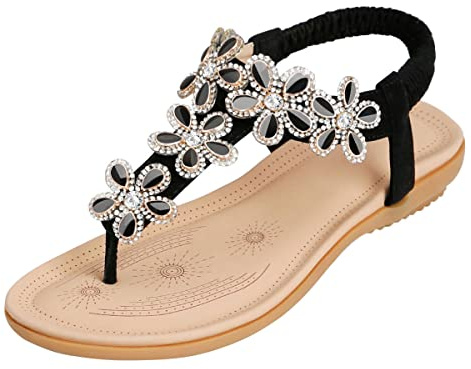 SANMIO Damsandaler, kvinnor, platt tåseparator, bohemisk strass, sandaletter, sommar, PU-läder, sandaler, Stil 2 svart, 44 EU