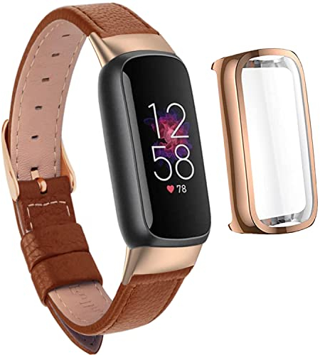 Elegantes, schlankes Lederarmband, kompatibel mit Fitbit Luxe Uhrenarmband, Armband, weiches Armband, Ersatz für Fitbit Luxe Fitness, Displayschutzfolie, kompatibel mit Fitbit Luxe (Roségold-Braun)