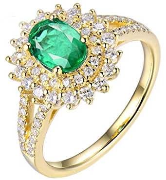 Homxi Verlobung Ring Damen,Weißgoldring Damen 18K Blume mit 0.65ct Smaragd Ringe Verlobung Gold Grün Gr 49 (15.6)