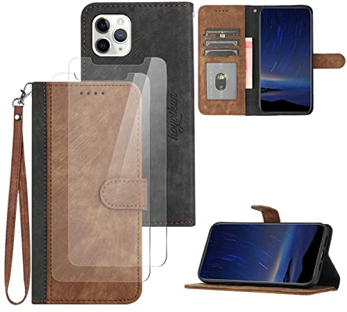 Hoyoikun Handyhülle Kompatibel Mit iPhone 11 Pro,[Verschenke 2 Stück Full Screen Schutzfolie],Premium PU Leder Flip Case,Magnetverschluss,Standfunktion, Kartenschlitz-Braun