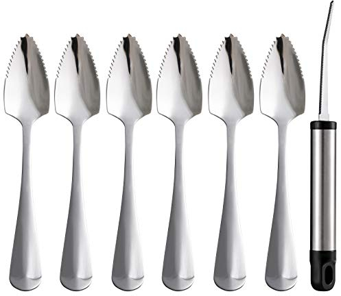 Grapefruit Spoons and Grapefruit Knife, Set of 7 Food Grade Stainless Steel Dessert Spoons Mirror Finish Fruit Knife, Serrated Grapefruit Utensils Tool, Suitable for Citrus Fruits Desserts Salads