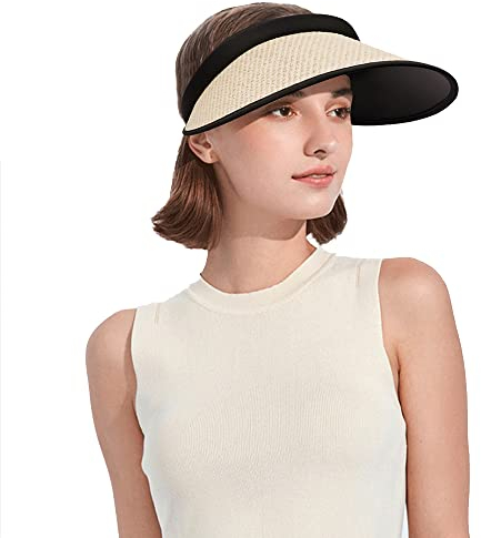 CLAPE Casquette Visiere Femme à Large Bord Visières de Soleil UPF50+ UV Protection Sun Visor Cap Chapeau de Soleil D'été Paille Outdoor Golf Tennis Hat Black KD09