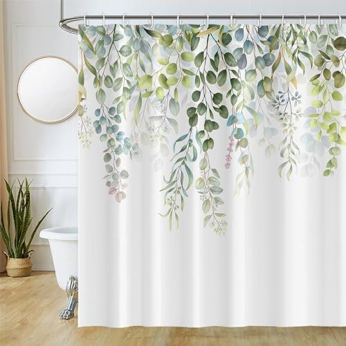 Uiiooazy Rideau Douche Anti Moisissure, Rideau de Douche 240x180cm Feuilles Vert Eucalyptus Bleu Rose Rideaux de Baignoire Tissu Lavable Imperméable Polyester Rideaux Salle de Bain avec 12 Crochets