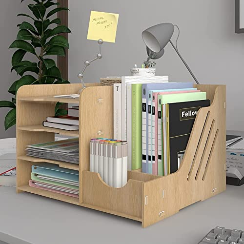 PUNCIA 4 Tiers Office Wood Desk Organizer Letter Tray A4 Paper Sorter Magazine File Holder with Vertical Horizontal Stationery Supplies Storage Box Desktop Binder Folder Mail Document Rack