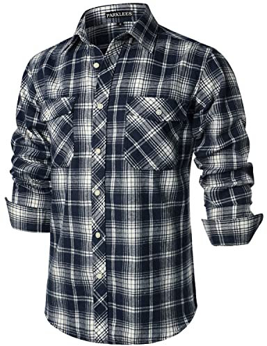 PARKLEES Chemise décontractée pour homme - Coupe droite - Boutonnée - Carreaux - En flanelle - Avec poches, bleu marine, XXL