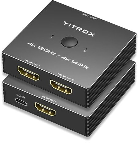 Conmutador HDMI 4K a 120Hz, 4K a 144Hz, divisor HDMI 2 en 1, carcasa de aluminio, compatible con PS4 PS5, Xbox, Fire Stick, Apple TV, Roku, PC, TV