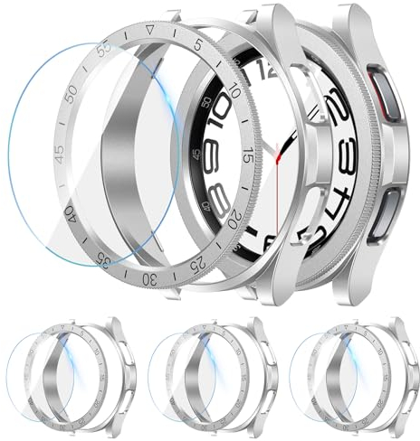 [3+3Stück] Kamita Schutzhülle für Samsung Galaxy Watch 6 Classic 47mm, 3 Displayschutz aus Gehärtetem Glas+3 Hart PC Bumper Case+3 Lünette Klebering Hülle für Galaxy Watch6 Classic (Silber*3)